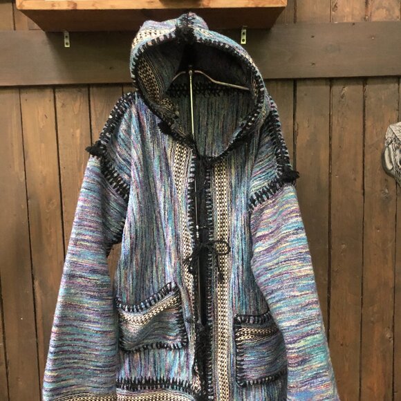 90s Hippie Baja Woven Hoodie , Open Front Sweater , Pointed Hood - Picture 7 of 9